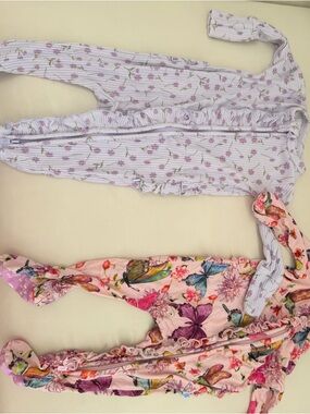 Posh Peanut Lavender Floral & Pink Butterfly Ruffle One-Piece Bodysuits
